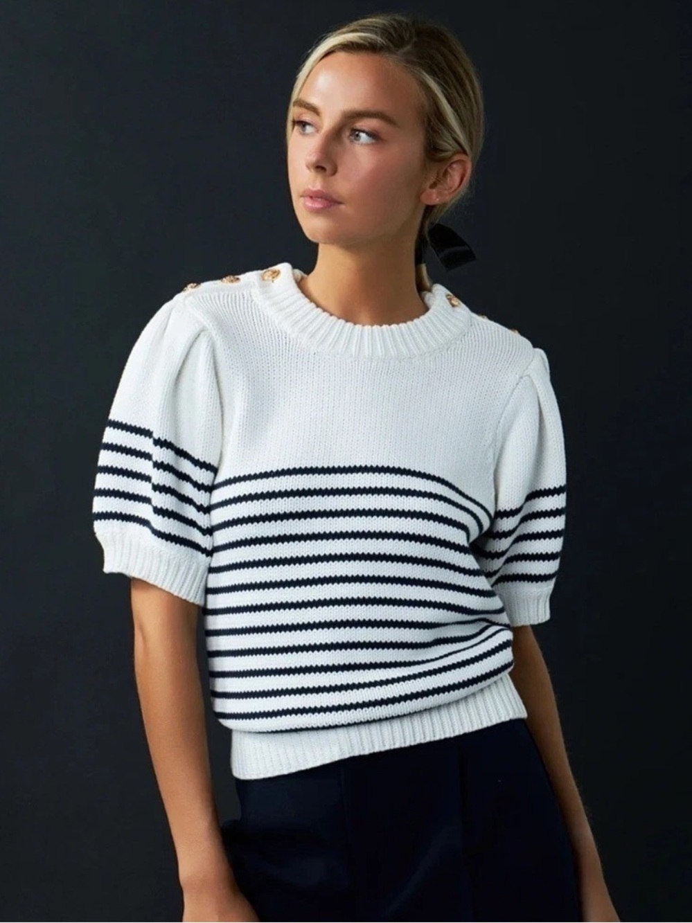 English Factory Preppy Nautical Stripe Puff Sleeve Gold Buttons Sweater Medium